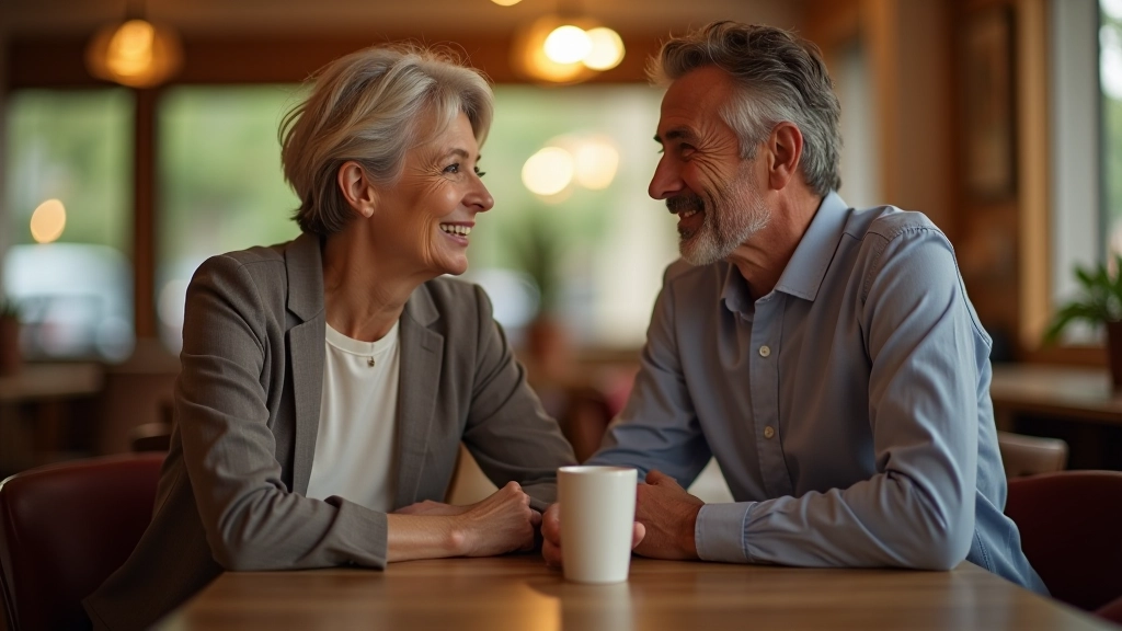Casal de meia-idade conversando à mesa num café, ambiente acolhedor, luz natural suave da tarde