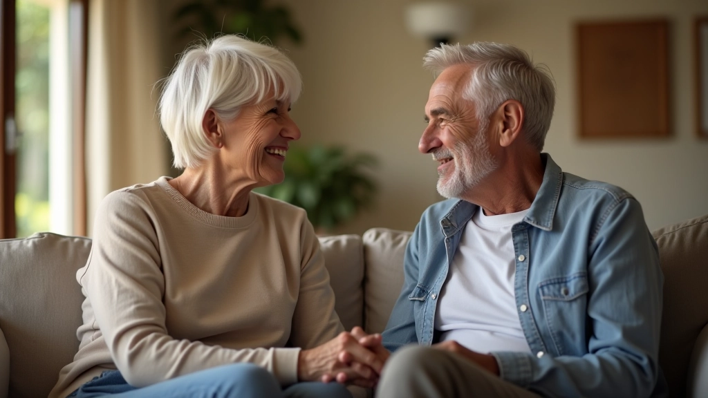 Casal de meia-idade em conversação séria, sentados confortavelmente numa sala de estar moderna, planeando o futuro, luz natural aconchegante