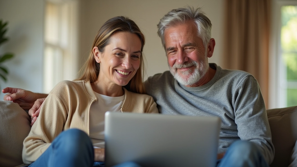 Casal com idades entre 48 e 55 anos, completamente vestidos em roupas casuais confortáveis, sentados juntos num sofá com um portátil, luz natural suave, ambiente aconchegante de sala de estar