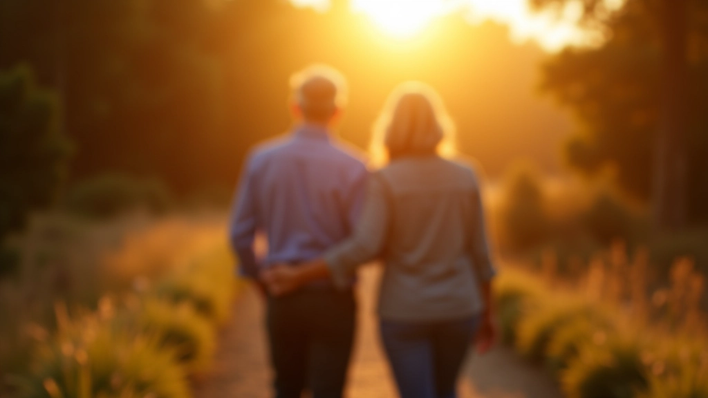 Casal de meia-idade caminhando ao pôr do sol numa trilha natural, sorrindo, roupas casuais confortáveis