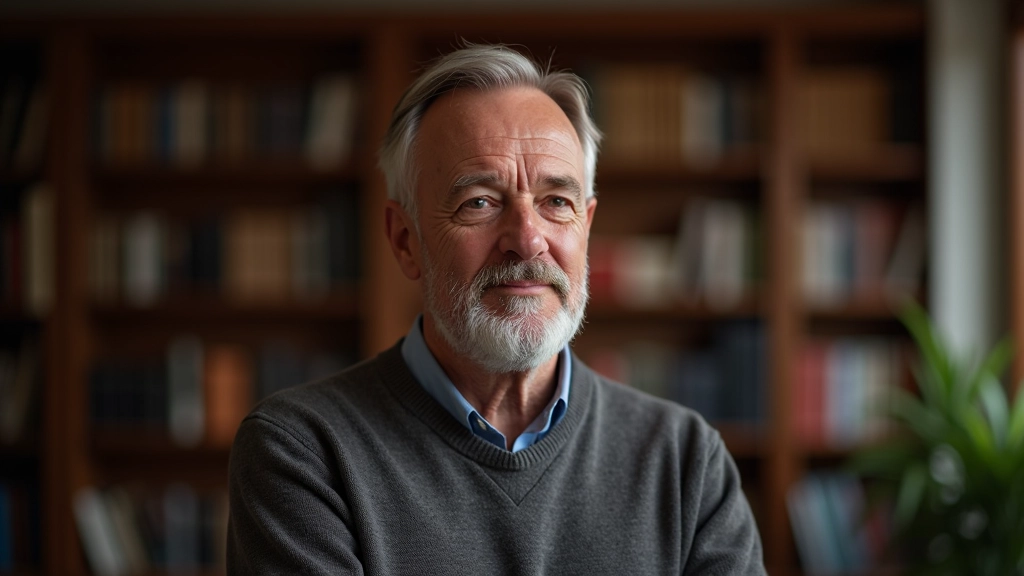 Homem maduro numa biblioteca, examinando um livro, iluminação quente, expressão contemplativa, ambiente acolhedor