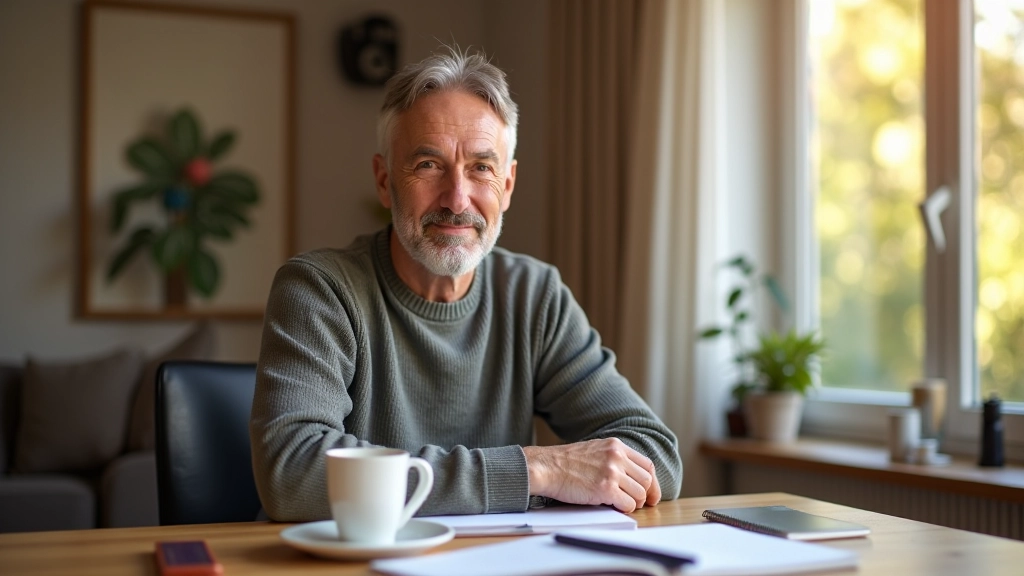 Homem de 52 anos sentado a uma mesa com cadernos, canetas e uma chávena de café, anotações manuscritas visíveis, iluminação matinal, ambiente de escritório em casa aconchego