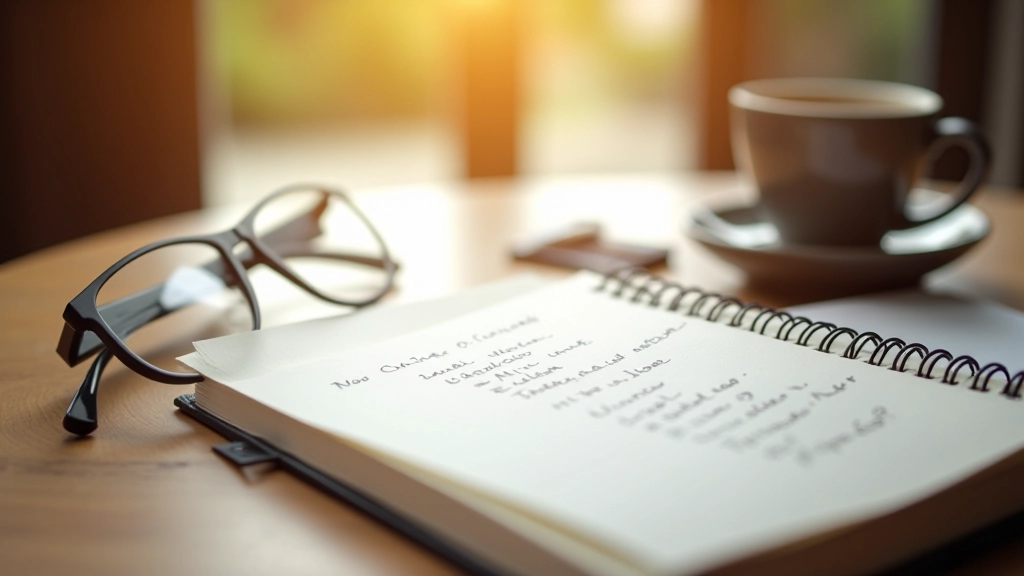 Notebook aberto numa mesa de madeira com anotações manuscritas, ao lado xícara de café e óculos de leitura