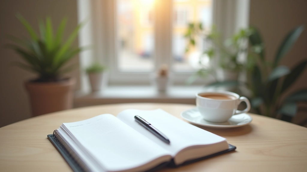 Mesa de estudo organizada com agenda aberta, caneta, chávena de chá, janela com vista para rua de bairro residencial