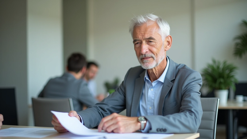 Pessoa madura, com cerca de 50 anos, sentada à mesa de escritório, a rever documentos de planeamento financeiro, expressão focada e calma, luz natural