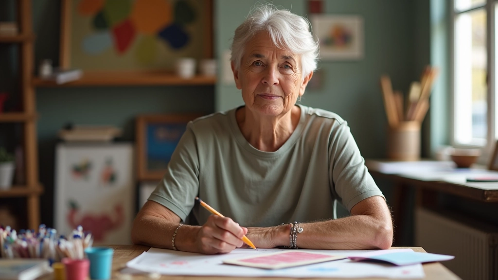 Pessoa madura a desenhar ou pintar numa oficina de arte, criativa e concentrada, ambiente acolhedor com luz natural, mostrando transição positiva