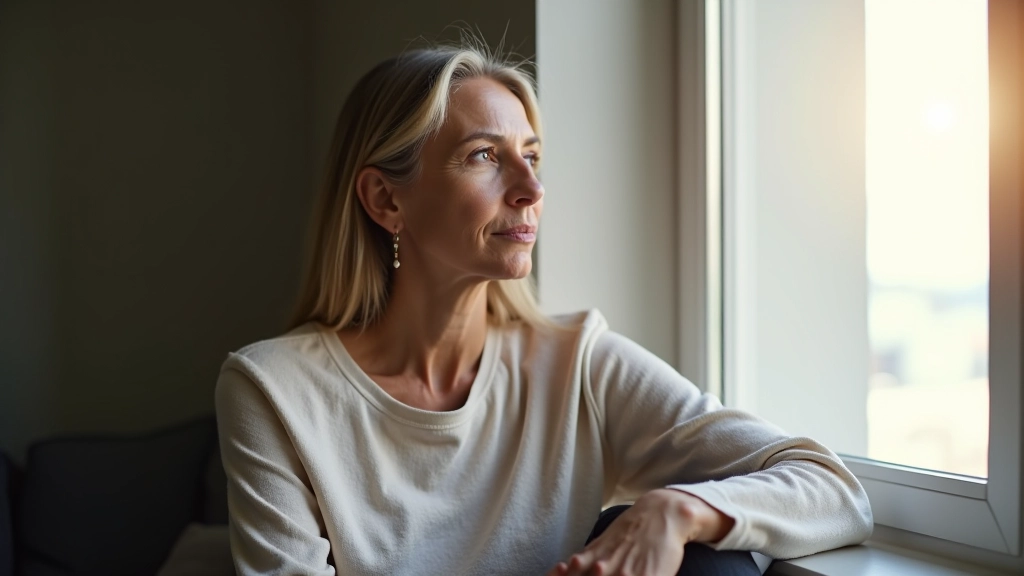 Mulher com idade 48 anos, completamente vestida em roupas casuais confortáveis, sentada à janela com expressão contemplativa, luz natural suave, fundo desfocado