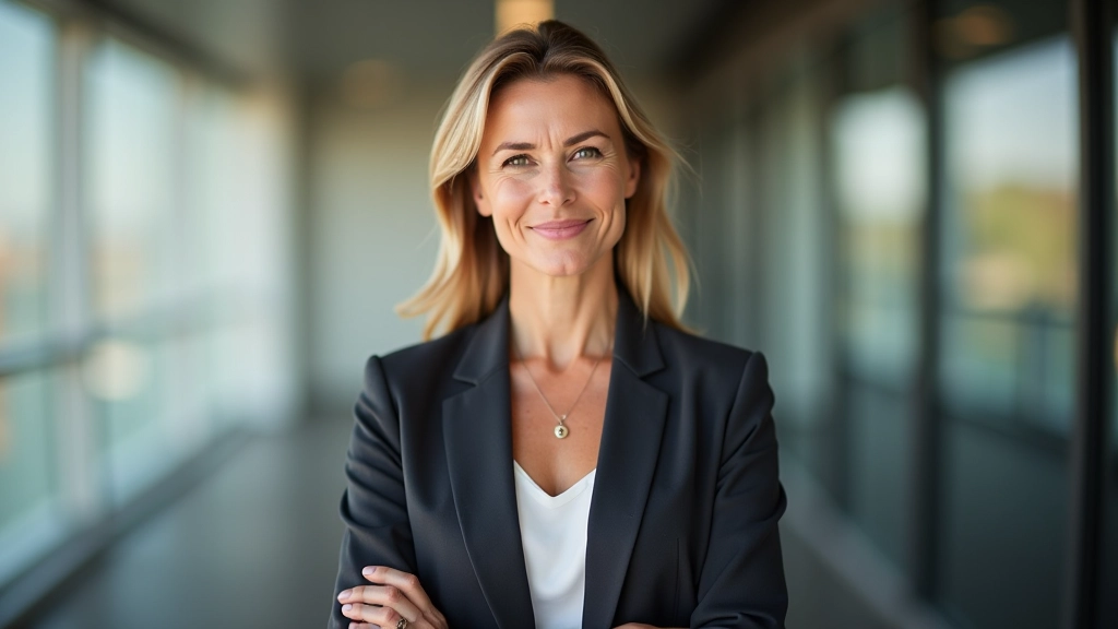 Mulher madura num escritório bem iluminado, sentada com postura confiante, expressão pensativa e determinada