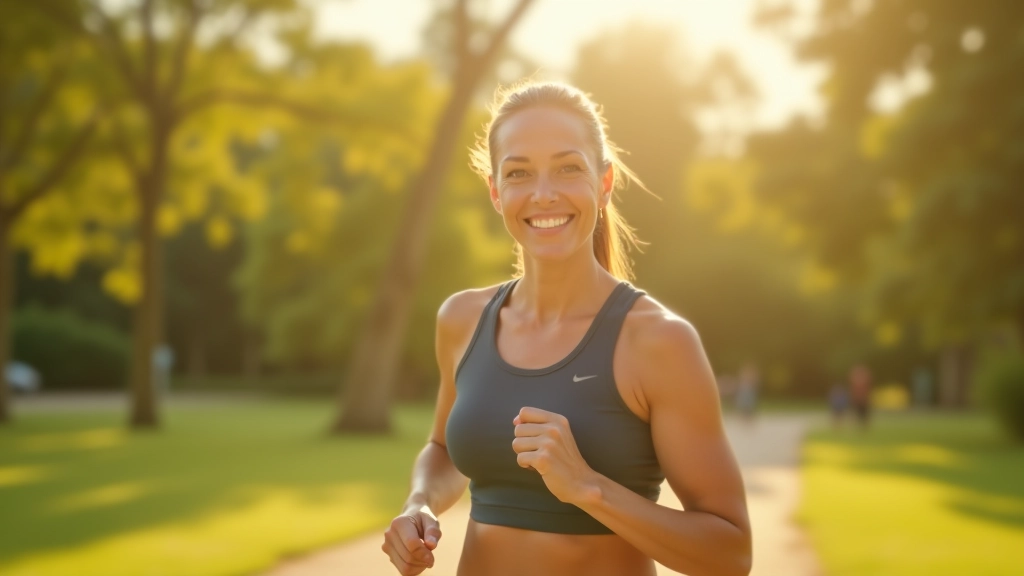 Mulher de meia-idade em roupa desportiva, fazendo exercício ao ar livre, energia e movimento, luz natural