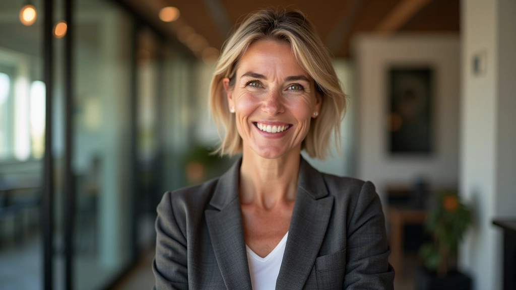 Mulher madura sorridente em ambiente de trabalho moderno, confiante, retrato de peito para cima