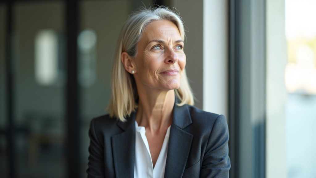 Mulher profissional de meia-idade em escritório moderno, de pé junto a janela grande, contemplando a paisagem urbana com expressão pensativa