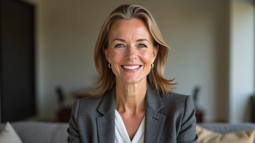 Mulher madura confiante sorrindo em ambiente acolhedor