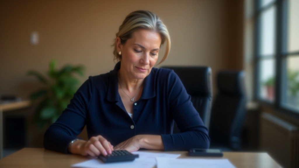 Mulher madura concentrada com documentos financeiros espalhados na mesa, calculadora, caneta, luz quente de escritório, expressão de determinação