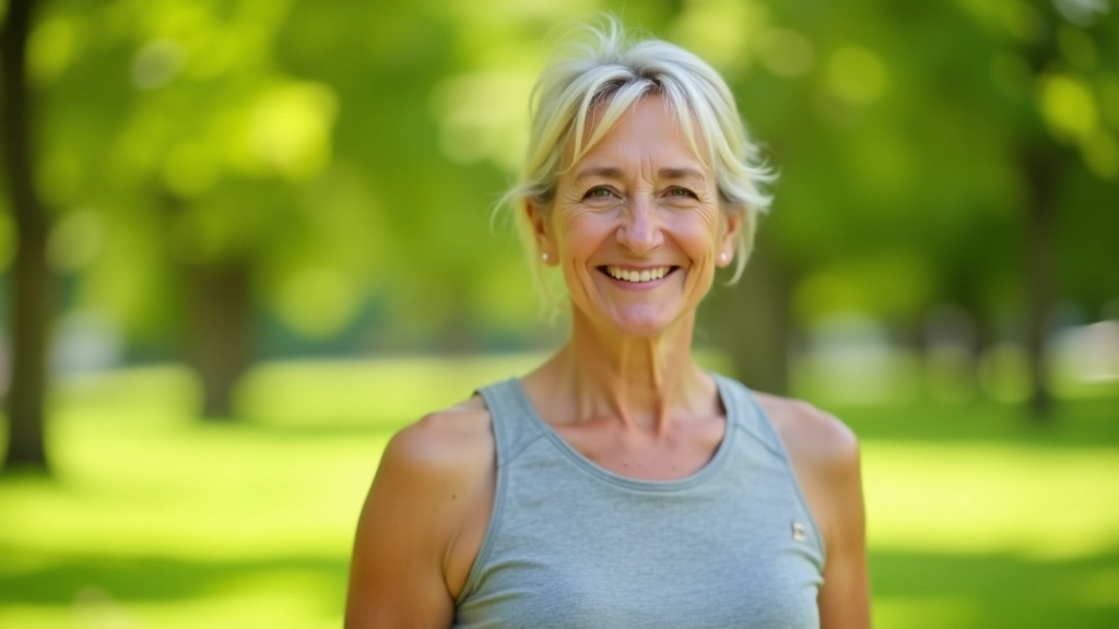 Mulher de meia-idade em roupa desportiva casual, sorriso genuíno, em parque verde ao ar livre durante dia ensolarado