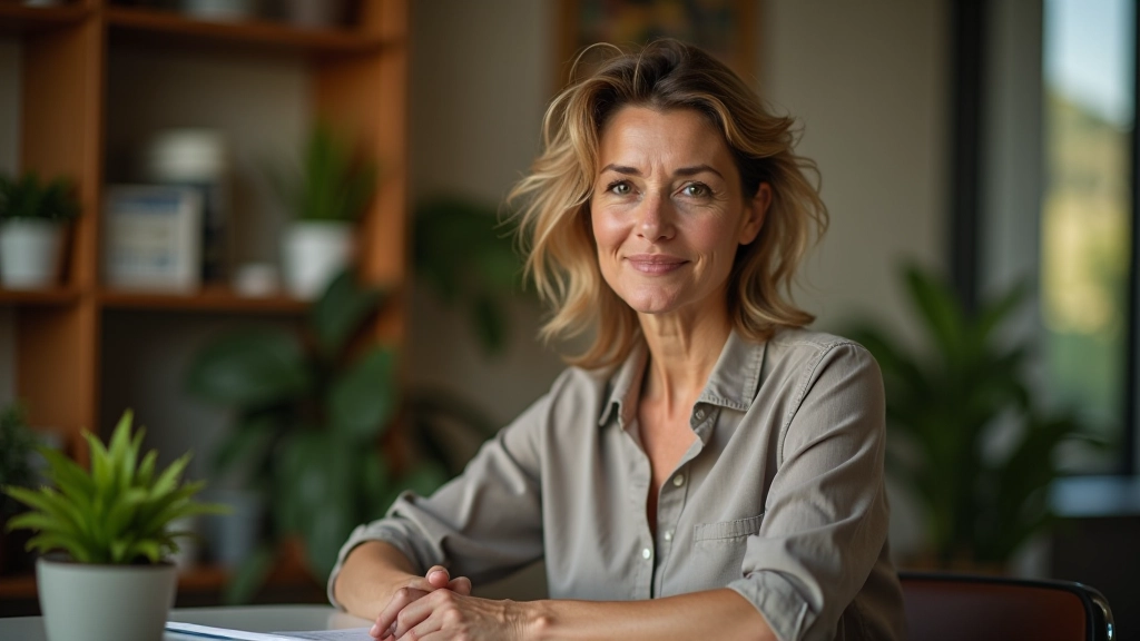 Mulher madura num espaço de trabalho criativo, cercada de notas e plantas, luz natural, expressão focada