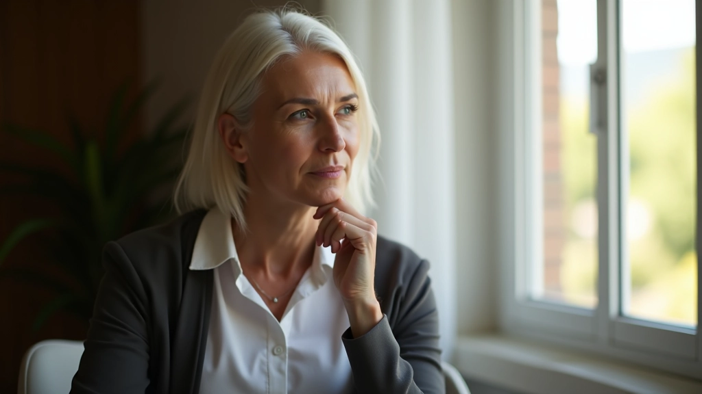 Mulher adulta refletindo em ambiente sereno